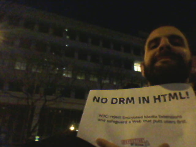 Image for In front of the Paris W3C office -- selfie against DRM in Web standards.
